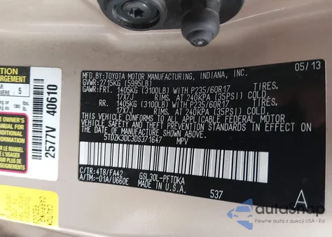 2013 Toyota Sienna L V6 7 Passenger from USA, damaged, VIN 5TDZK3DC3DS371647